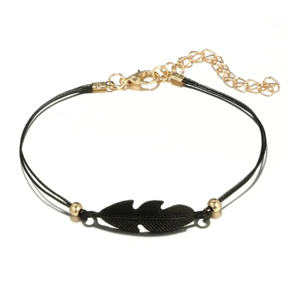 4pc Black & Gold Charm Layering Bracelets Feather Lotus Flower Heart Bead - Picture 5 of 13